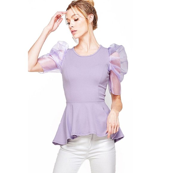 Retro Sheer Puff Romantic Lavender Blouse Top - Picture 6 of 7